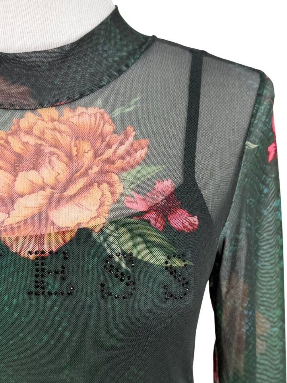 Guess Green Floral Mesh Rhinestone Bodycon Mini Dress | Sirencore Whimsigoth Y2K - Picture 4 of 16
